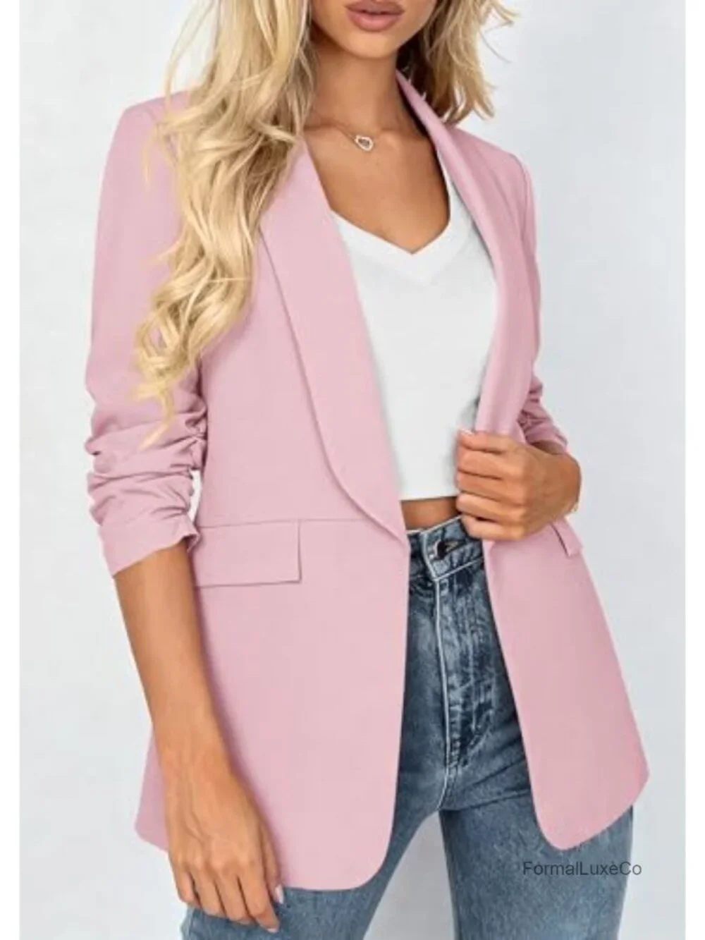 Open Front Ruched 3/4 Sleeve Blazer Business Casual Lightweight Work Suit Jacket